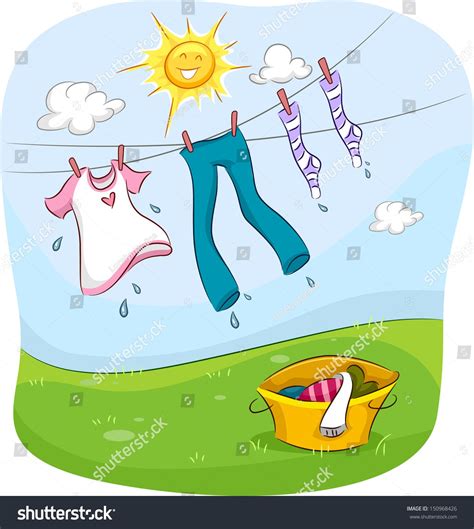 Illustration of the Sun Smiling Happily While Drying Up Clothes Hanging ...