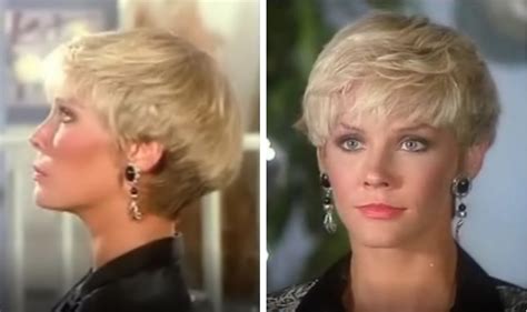 Kimberly Foster's hairstyle in Dallas, 80s haircut with exposed ears and short nape