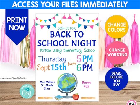 Back to School Night Invitation, Poster and Flyer, Editable for Each Year, Print Now, School ...