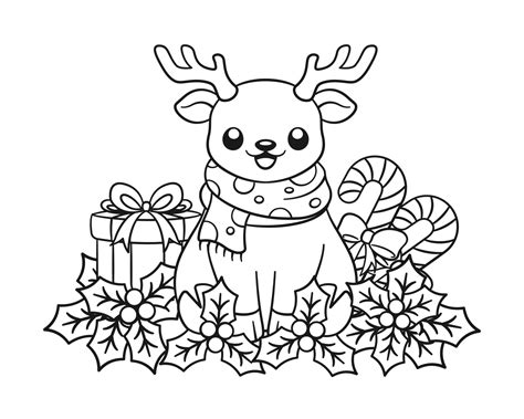 Reindeer with mistletoe, candy cane and gift box outline line art doodle cartoon illustration ...