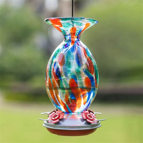 LaElvish Garden Blown Glass Built-in Ant Moat Hummingbird Feeder, 32 oz. Vase Shape, Bluebells