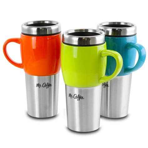 Mr. Coffee Traverse 3 Piece 16 Ounce Stainless Steel and Ceramic Travel Mug and Lid in Red, Blue ...