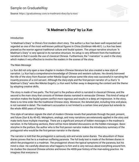 ⇉“A Madman’s Diary” by Lu Xun Analysis Essay Example | GraduateWay