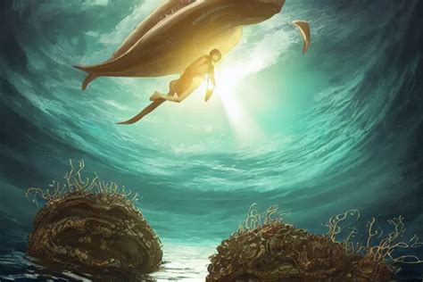 a giant sea creature diving in the deep sea, god rays, | Stable ...