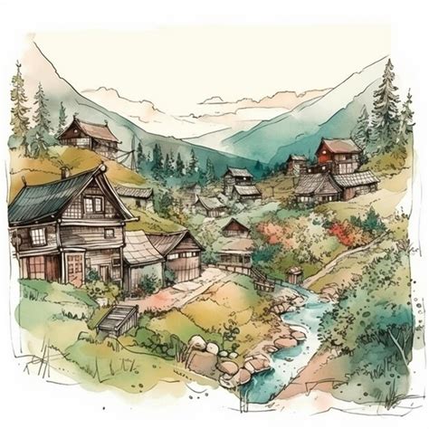 Premium AI Image | Watercolor painting of a village