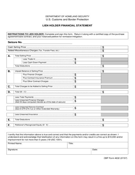 CBP Form 4632 - Lien Holder Financial Statement Free Download