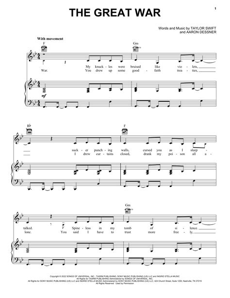 Taylor Swift "The Great War" Sheet Music Notes | Download Printable PDF ...