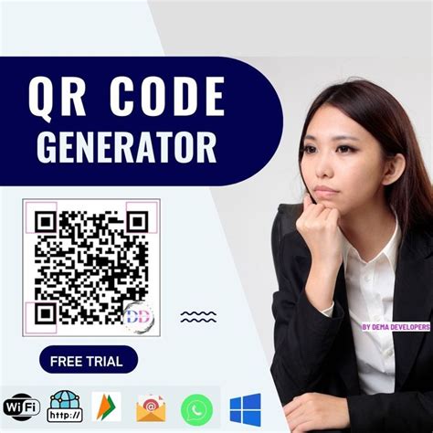 a woman sitting at a desk in front of a qr code generator