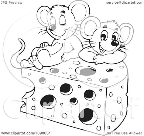 Clipart Black And White Cute Mice With A Wedge Of Cheese - Royalty Free Vector Illustration by ...