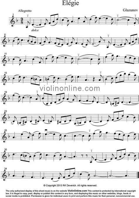 Violin Online: Elegie by Glazunov - Free Violin Sheet Music