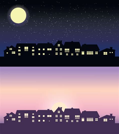 skyline silhouette at night and day. Black houses silhouettes ...