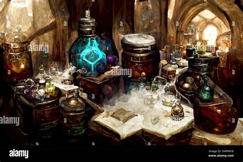 Alchemist table, production of magical potions and elixir. Colored ...