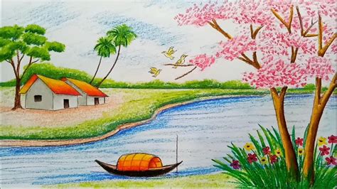 How to draw landscape / scenery of spring season with oil pastels color step by step - YouTube