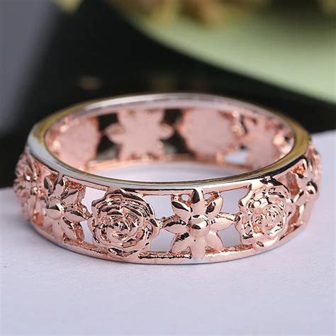 Retro ring Rose Flower Crystal Engagement Ring Bands Party rose gold ...