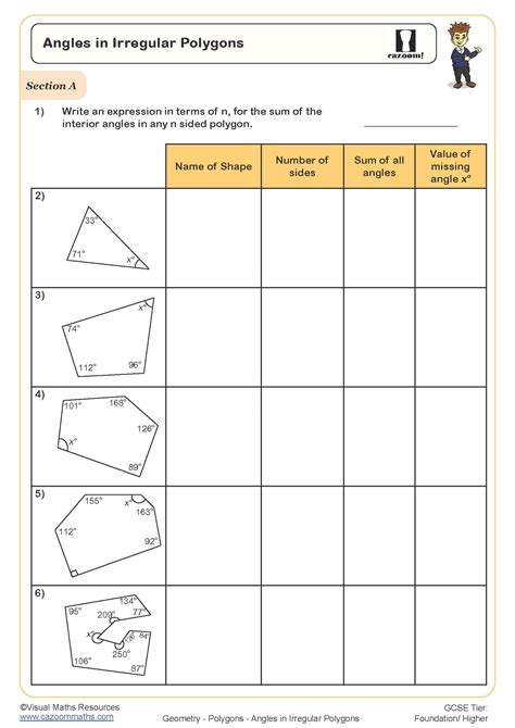 Angles in Irregular Polygons Worksheet | Cazoom Maths Worksheets