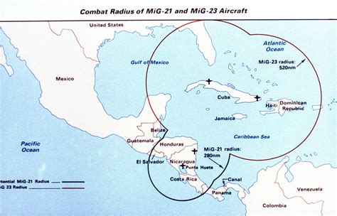 A map of the Caribbean Sea area showing the combat radius of Soviet Mig-21 and MiG-23 aircraft ...