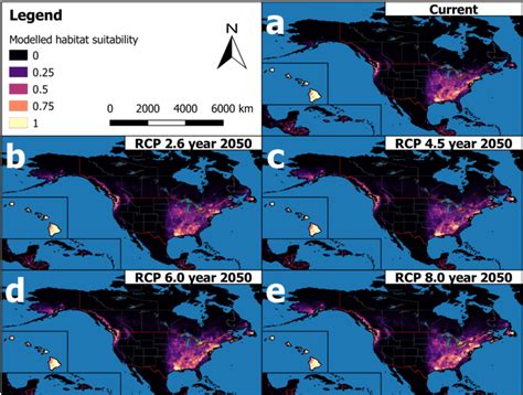 The distribution of suitable Ae. j. japonicus habitat under a) current... | Download Scientific ...