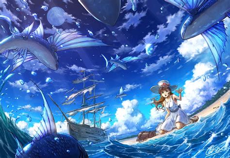 HD wallpaper: anime girl, ocean, fish, ship, beach, dress, sky, moon, clouds | Wallpaper Flare