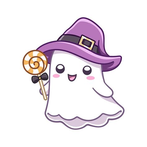 Cute ghost wearing witch hat costume holding candy vector illustration clipart. Halloween trick ...