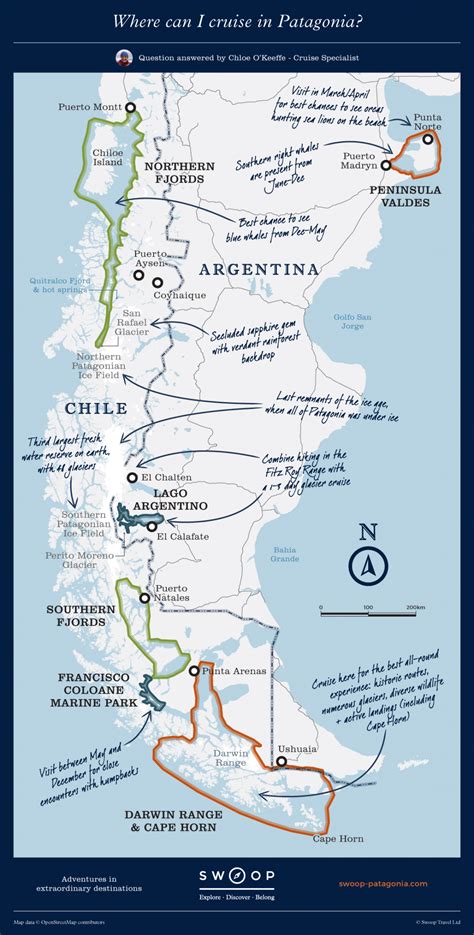 Map showing where you can cruise in Patagonia. Access areas of Patagonia's rugged landscape that ...