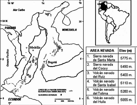 Map of Colombia showing the six glacierized mountain ranges, with... | Download Scientific Diagram
