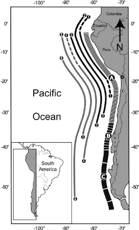 Biogeographical units of the Humboldt Current System after Thiel et al.... | Download Scientific ...