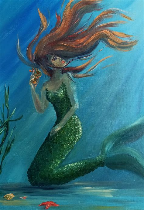 Mermaid Oil Painting Nautical Artwork Underwater Mermaid Fine | Etsy