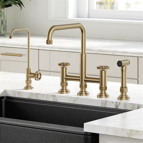 KRAUS Urbix™ Industrial Bridge Kitchen Faucet and Water Filter Faucet Combo in Brushed Gold ...