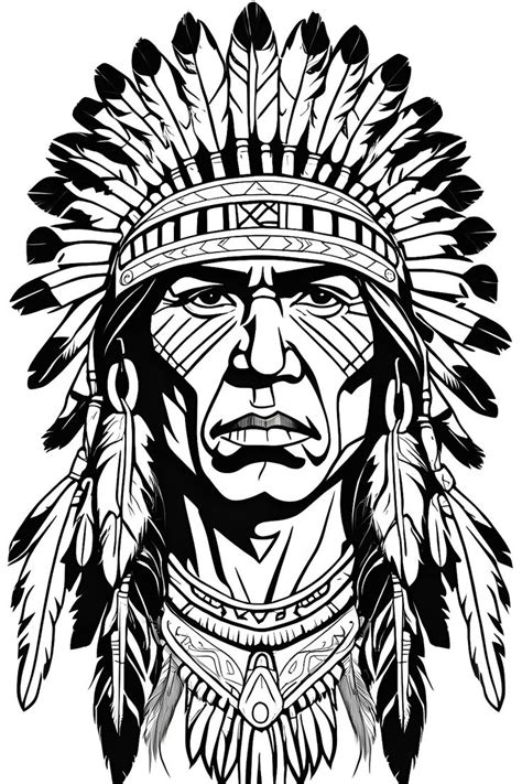 Line drawing Portrait of a native American chief with his tribal headdress. Native American ...