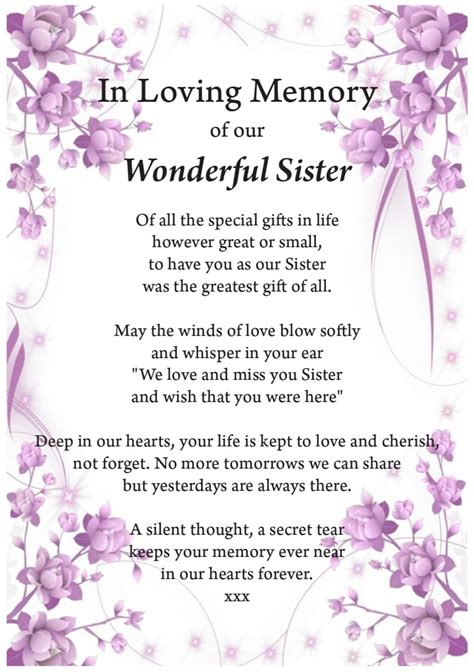 Sister in Loving Memory Print, Funeral Poem, Missing You, Bereavement ...