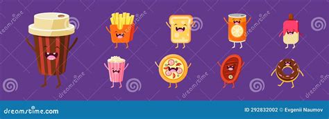 Funny Fast Food Character with Happy Smiling Faces Vector Set Stock Illustration - Illustration ...