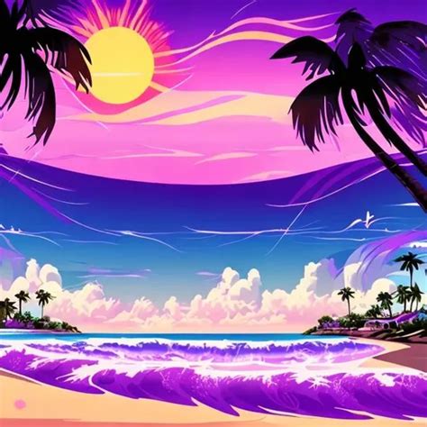 Purple sunset anime beach waves palm trees clouds ni...