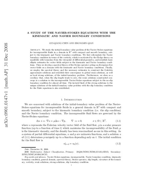 (PDF) A Study of the Navier-Stokes Equations with the Kinematic and Navier Boundary Conditions ...