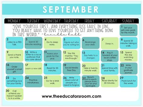 Teacher Self-Care Calendar- September - The Educators Room