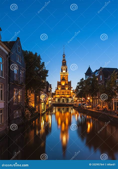 Canal in Alkmaar Netherlands at Dusk Stock Photo - Image of building ...