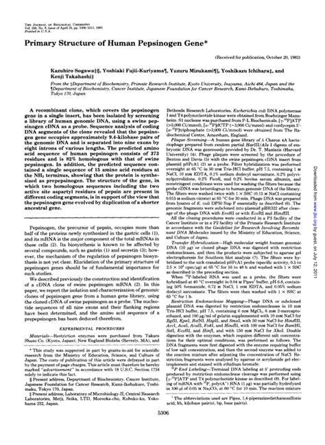 (PDF) Primary structure of human pepsinogen gene