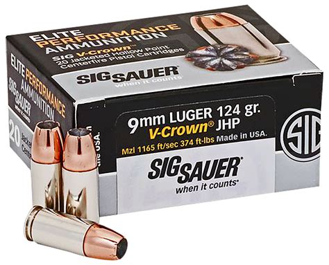 SIG SAUER Elite V-Crown 9mm Luger 124 Grain Jacketed Hollow Point Brass Cased Pistol Ammo, 20 Rounds