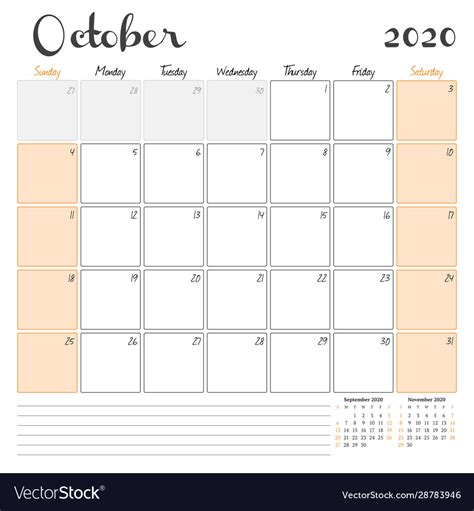 October 2020 monthly calendar planner printable Vector Image