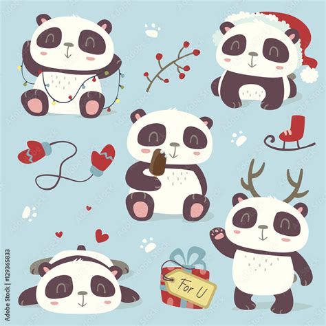 vector cartoon style cute christmas panda set Stock Vector | Adobe Stock