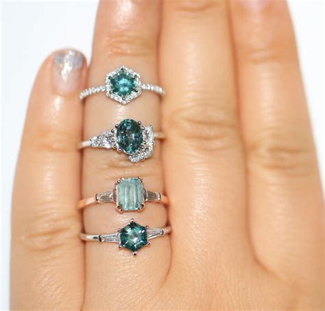 1 carat Teal Blue Green Hexagon Montana Sapphire Ring with Diamond Halo