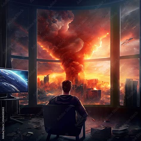 Casually watching the end of the world, apocalypse doomsday digital illustration art Stock ...