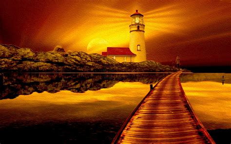 Download Golden Ocean Pier Lighthouse Earth Artistic Sunset HD Wallpaper