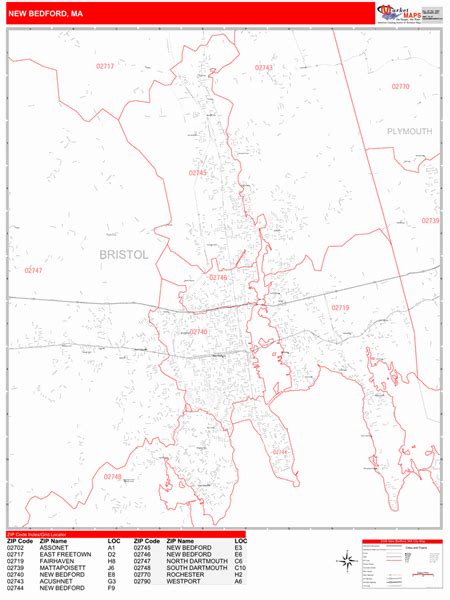 New Bedford Massachusetts Zip Code Wall Map (Red Line Style) by MarketMAPS