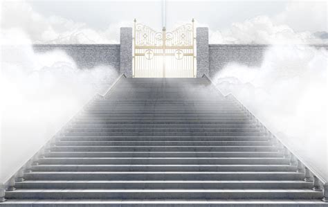 Pearly Gates Of Heaven Surrounded By Clouds And The Staircase Leading ...