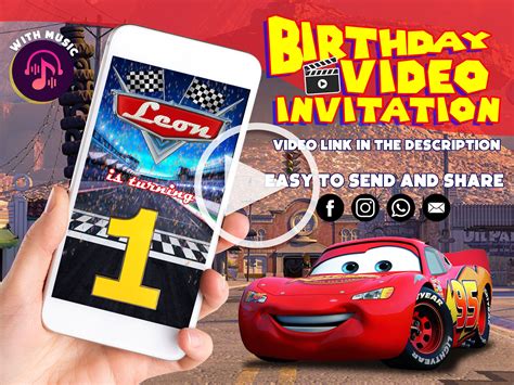 Pixar's Cars Video Birthday Invitation Lightning Mcqueen - Etsy | Birthday invitations, Pixar ...