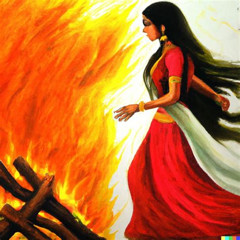 a painting of a woman standing in front of a fire with her hands out to the side