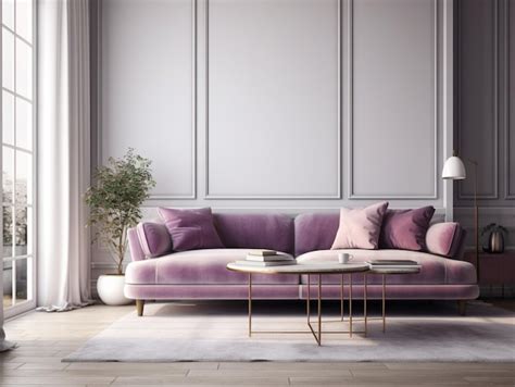 Premium AI Image | A living room with a purple couch and a table with a ...