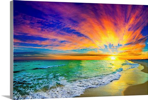 Colorful Ocean Sunset Orange And Red Beach Sunset Wall Art, Canvas ...