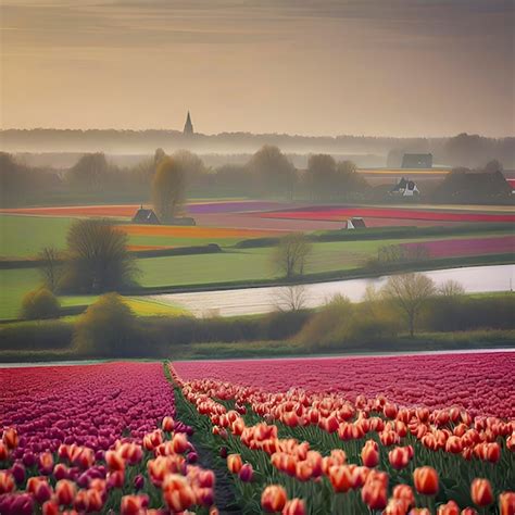 Premium PSD | Dutch tulip fields countryside landscape