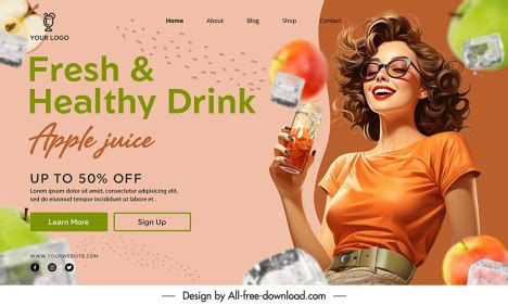 Drink apple juice landing page template dynamic ice excited lady vectors stock in format for ...